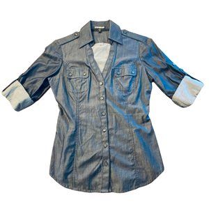 Express Womens Size XS Dark Chambray Fitted Top Roll Tab Sleeves V Neck Buttons